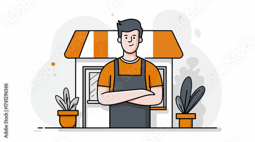 Shopkeeper with arms crossed in front of shop illustration