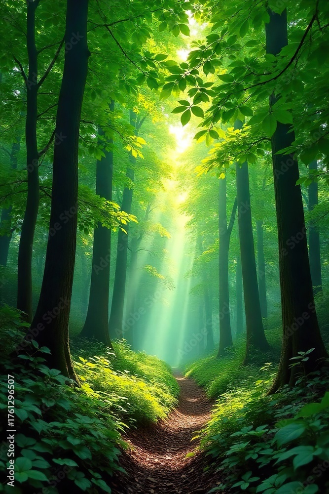 Obraz premium Sunlight Dapples Lush Rainforest Canopy, Vibrant Green Forest Floor, Peaceful Nature Scene