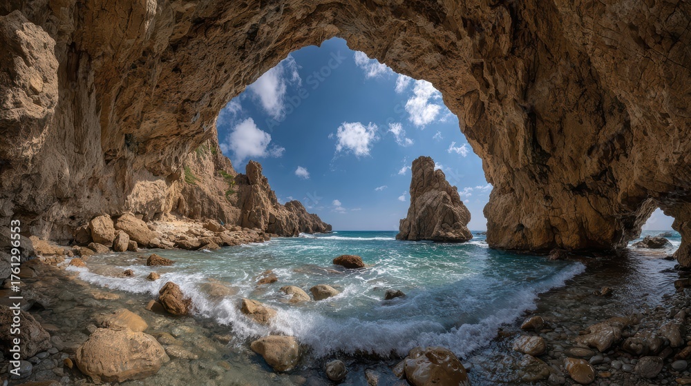 Fototapeta premium Breathtaking Coastal Cave with Clear Waters and Dramatic Rock Formations
