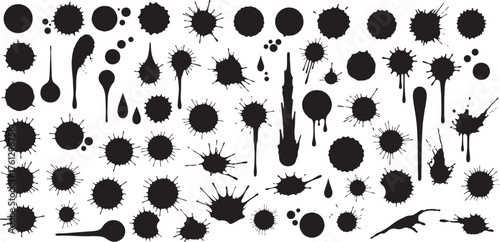 Assortment of black ink splatter and drip shapes in various sizes and forms including circular blots, elongated drops, and splash effects on white background.