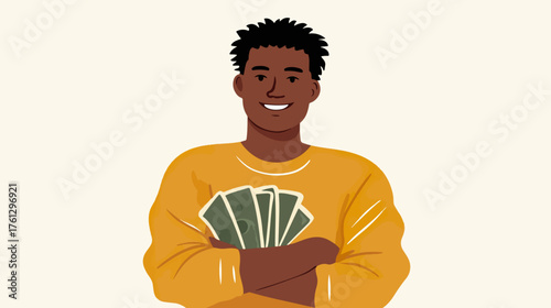 Smiling person holding cash financial wealth concept illustration