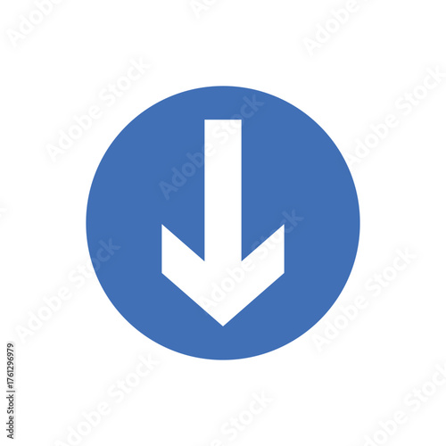 White Down Arrow in Blue Circle Icon Symbolizing Download, Save, Direction, or Traffic Flow
