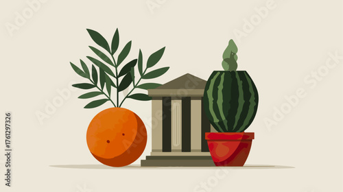 Still life illustration with building orange and watermelon