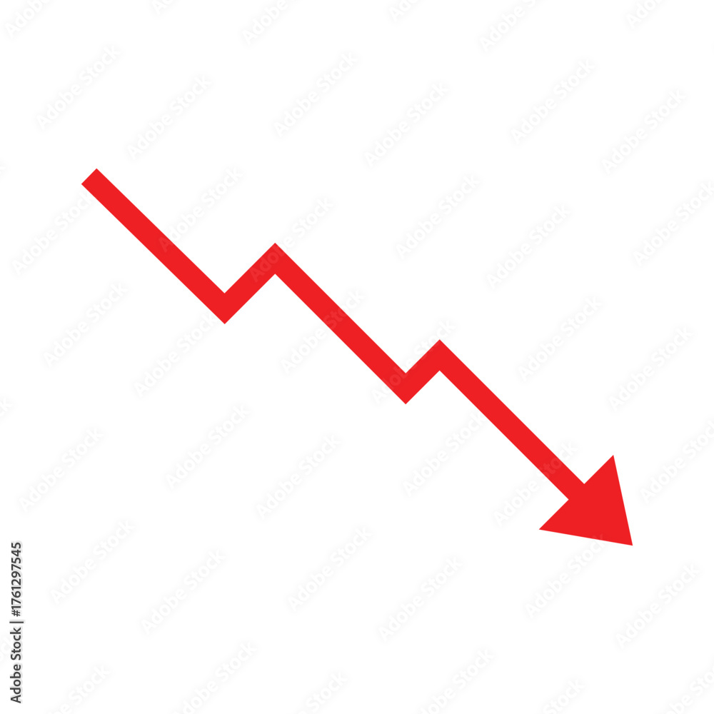 Obraz premium Red Downward Trend Arrow Icon Showing Decline, Loss, Crash, Financial Crisis, or Negative Stock Market Performance on a White Background