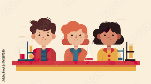 Students at lab table with beakers and test tubes illustration