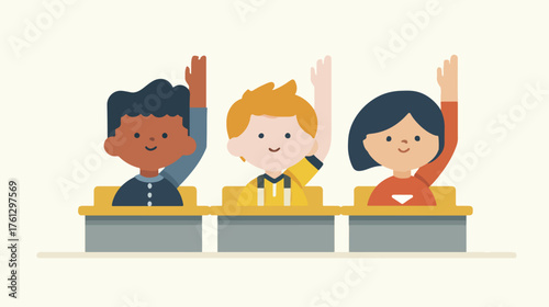 Students raising hands in classroom illustration