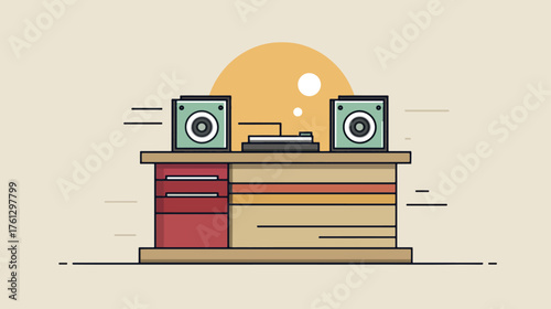 Stylized turntable audio equipment illustration color block composition