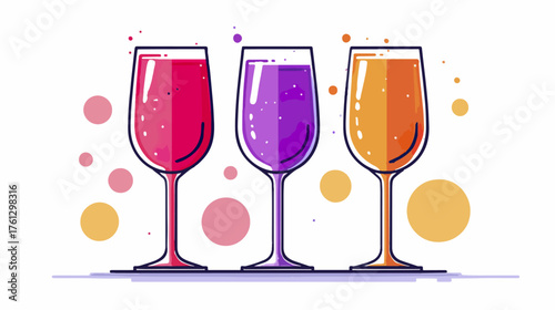 Three colorful wine glasses isolated on white background