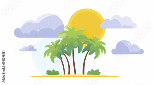 Tropical island illustration with palm trees and sun