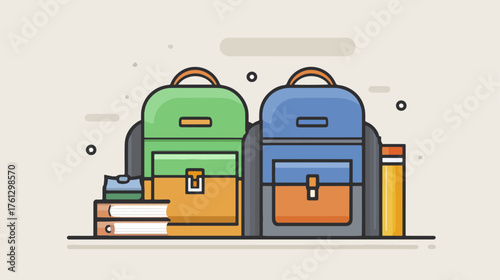 Two backpacks with books and supplies flat illustration for education or travel
