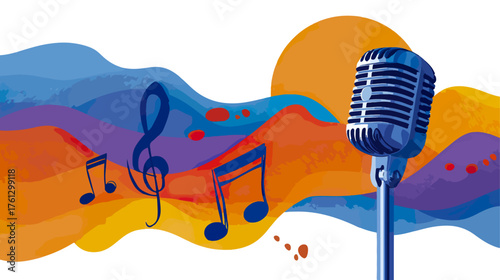 Vintage microphone with musical notes and abstract background