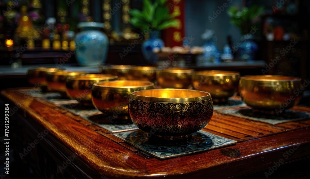 Fototapeta premium Golden bowls with intricate patterns are arranged on a wooden surface.