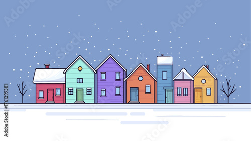 Winter village houses illustration snowfall graphic