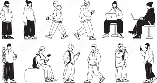 Minimalist Black and White Vector Character Pack — Casual Urban People in Hoodie and Streetwear Outfits