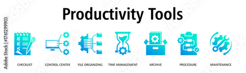 Productivity Tools banner web icon vector illustration concept with icon of checklist, control center, file organizing, time management, archive, procedure
