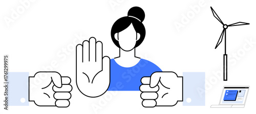 Woman raising hand to stop conflict, surrounded by disputing hands, wind turbine, and tablet. Ideal for sustainability, conflict resolution, innovation, teamwork, gender equality empowerment