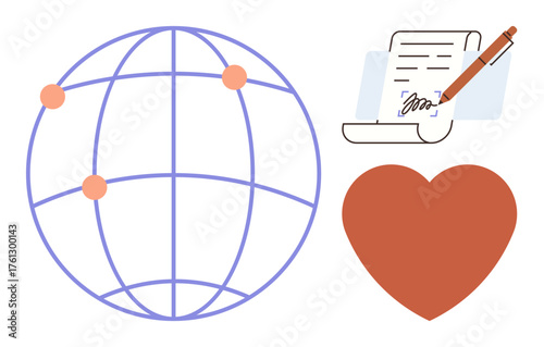 Globe with points denoting global network, signed document symbolizing agreement, and heart for love. Ideal for teamwork, care, globalization, collaboration, humanitarian actions, partnerships