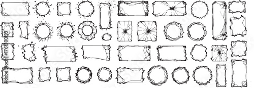 Set of broken glass frame shapes in various circular and rectangular designs with shattered cracks, jagged edges and irregular borders on white background.