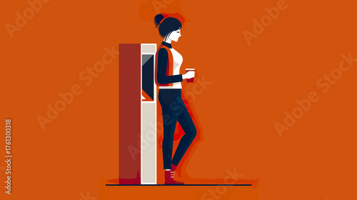 Woman with coffee cup and modern machine against orange background