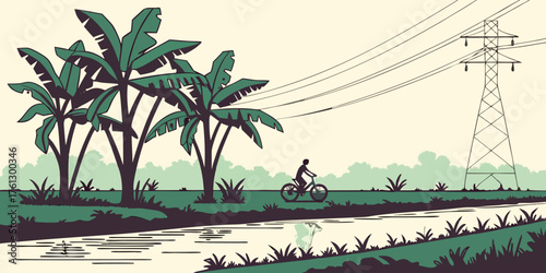 Illustration of a person riding a bicycle in a rural landscape with palm trees and a power line.