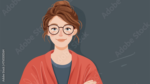 Woman with eyeglasses and red jacket smiling against gray background