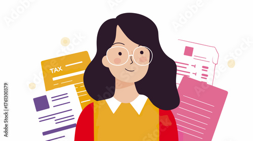 Woman with glasses and paperwork taxation concept illustration