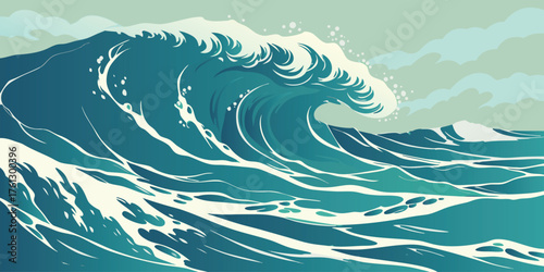 A large, powerful wave crashes with white foam against a serene sky, depicting the raw beauty of the ocean.