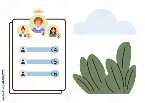 Leaderboard highlights top participants ranked by scores with crown on leader, nature elements, cloud, foliage. Ideal for competition, teamwork, achievement, leadership, success tracking motivation