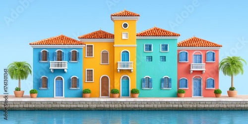 3D model of a Caribbean port of call with vivid buildings and dock