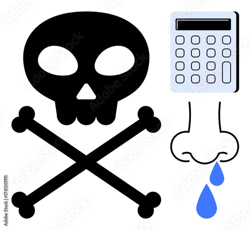 Skull and crossbones signal danger, calculator highlights analysis or data, runny nose implies health issues. Ideal for warnings, safety, pollution, toxicity, calculation, hygiene health risks