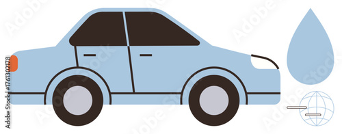 Blue car alongside water droplet and globe, conveying clean energy, eco-friendly travel, sustainability, environmental care, innovation, green technology, and future mobility. Simple flat metaphor