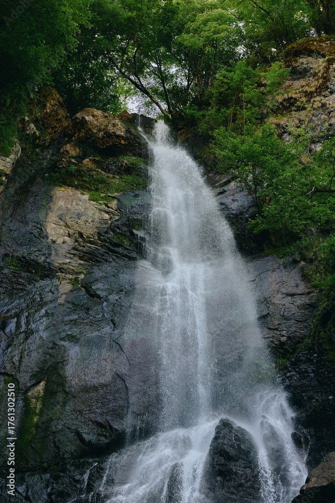 Fototapeta premium Waterfall cascading down rocky cliffs surrounded by lush green trees, creating a serene natural landscape with flowing white water and vibrant foliage.
