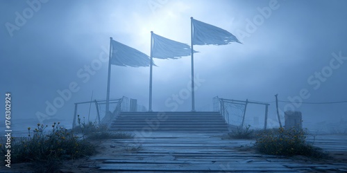 Abandoned port of call ruins with eerie fog and tattered flags