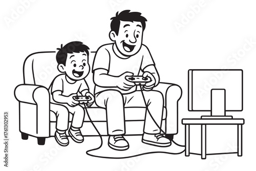 Vector black and white artwork portraying a dad and his little boy engaged in video gaming, accented with clear black outlines that express happiness and playfulness.
