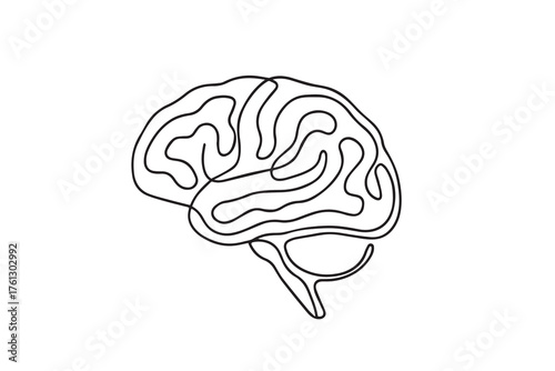 Vector minimalist depiction of a human brain in monochrome black and white, using defined black outlines to express clarity, intelligence, and abstract conceptual design.