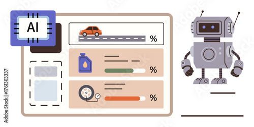Robot assessing car performance, fuel level, and tire health through AI module and dashboard interface. Ideal for technology, automation, vehicle maintenance, AI solutions, system monitoring