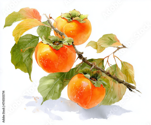 vibrant watercolor painting of persimmons on branch, showcasing their bright orange color and lush green leaves. artwork captures beauty of nature with delicate touch