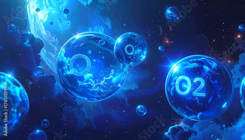 Luminous blue orbs with the O2 oxygen symbol floating in a surreal cosmic cloudscape.