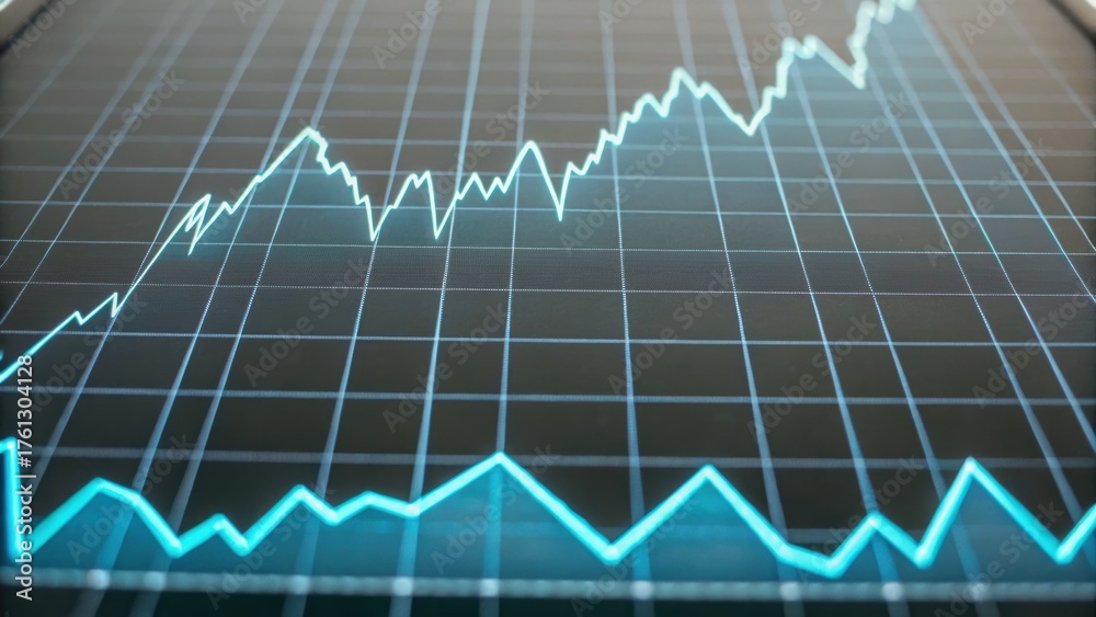 Naklejka premium Graph depicting fluctuating data trends with a blue line overlaid on a grid background, suggesting analysis or financial performance.