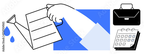 Hand pouring water onto a document to symbolize development beside a suitcase and calendar. Ideal for business strategy, planning, growth, time management, career, goals, achieving results. Simple