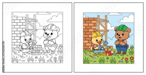 Two Animals Working Together Building a New Home Together Construction Site Cartoon