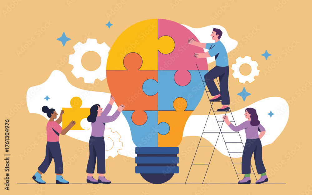 Obraz premium Team Collaboration Concept Vector – People assembling light bulb puzzle as a symbol of unity, creative thinking, partnership, teamwork, leadership, and innovation for business projects and startups.