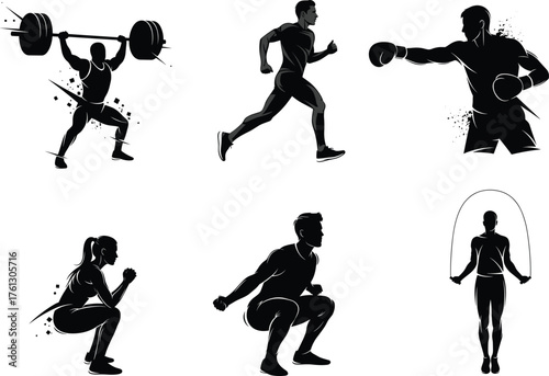 Fitness silhouette icons, workout poses, gym training, running, boxing, squats, jump rope, dumbbells, black vector set, isolated exercise graphic