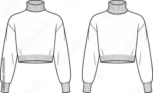 Cropped turtleneck sweater fashion flat, technical drawing, vector template, long sleeve top, ribbed collar, garment sketch, apparel design, cad drawing flat vector illustration