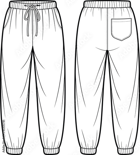 Jogger pants front and back view, sweatpants fashion flat sketch, unisex casual trousers technical drawing, CAD vector illustration design template