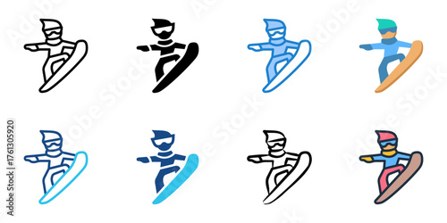 Snowboarding icon set multiple style collection 
