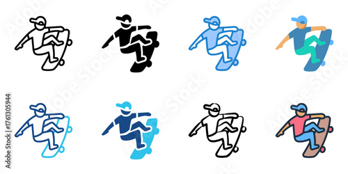Skateboarding tricks icon set multiple style collection 
