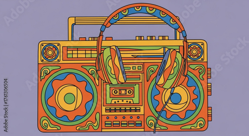 Retro boombox with headphones in a groovy 70s style, perfect for music lovers and vintage enthusiasts, adding a touch of nostalgia and funky vibes to any project