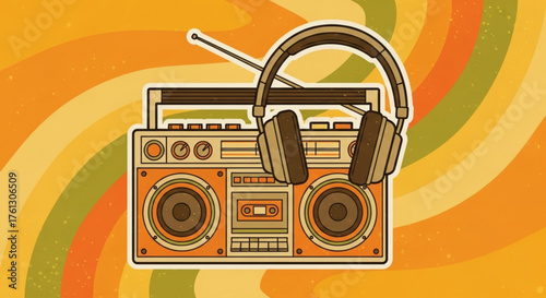 Retro boombox with headphones on a groovy background, evoking vintage music culture and nostalgic vibes of the 70s and 80s era