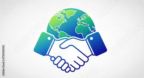 Global partnership icon with handshake and globe international cooperation and agreement for sustainable development and environmental protection